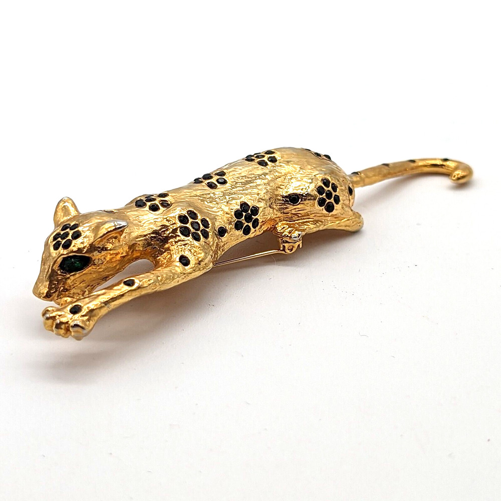 70s Spotted Leopard Brooch w Black Rhinestone Flowers Green Eyes Dangling Tail